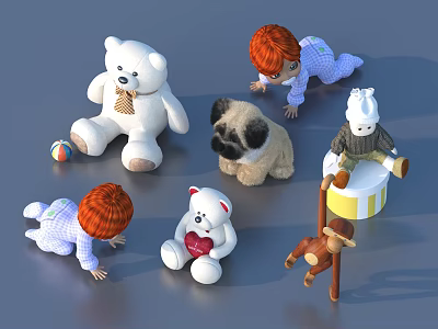 Assorted Plush Dolls Collection Featuring Teddy Bear Baby Puppy And Monkey Toys 3d model