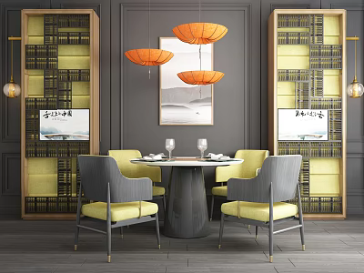 New Chinese Dining Table and Chair Combination Abacus Partition Dining Table and Chair Chandelier Hanging Picture Combination 3d model