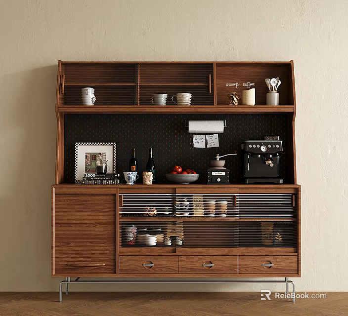 Wooden Sideboard with Open Shelves Cups Bowls Coffee Machine Drawers and Shutter Doors 3d model 
