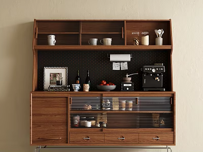 Wooden Sideboard with Open Shelves Cups Bowls Coffee Machine Drawers and Shutter Doors 3d model