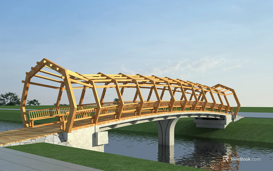 Yellow Framed Wooden Bridge Spanning Over Water with Concrete Piers and Green Grass Trees Around 3d model 