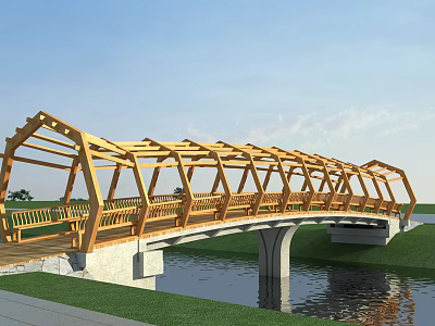 Yellow Framed Wooden Bridge Spanning Over Water with Concrete Piers and Green Grass Trees Around 3d model