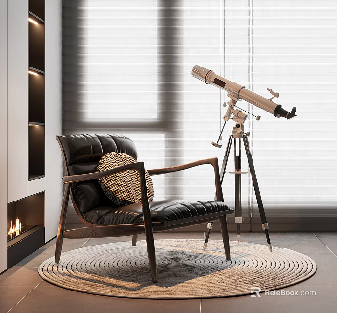 Stylish Black Leather Leisure Chair With Wooden Frame On Round Rug Near Telescope And Fireplace 3d model 