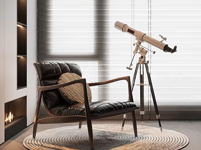 Stylish Black Leather Leisure Chair With Wooden Frame On Round Rug Near Telescope And Fireplace 3d model