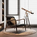 Stylish Black Leather Leisure Chair With Wooden Frame On Round Rug Near Telescope And Fireplace