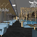 Stylish Restaurant Interior With Wooden Tree Decor Blue Sofas And Pendant Lights 3d model