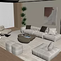 Modern Beige Sofa Coffee Table Set With Armchairs Stools Plant Floor Lamp And Artwork