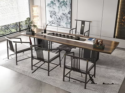 Modern Chinese Style Tea Table And Chairs With Tea Set Decorative Items In Interior Space 3d model