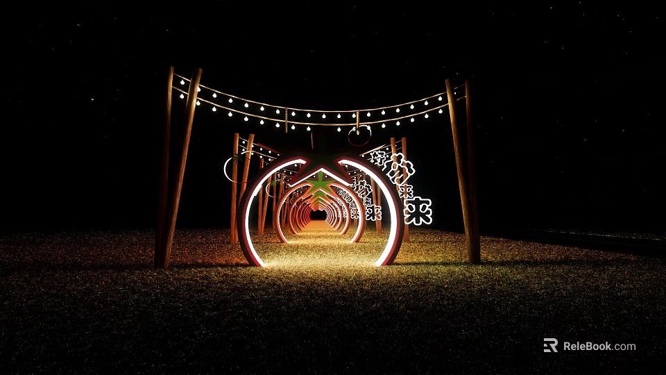 Enlightened Wooden Pergola With Circular Light Rings And String Lights Creating Tunnel Effect On Grass 3d model 