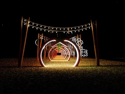 Enlightened Wooden Pergola With Circular Light Rings And String Lights Creating Tunnel Effect On Grass 3d model