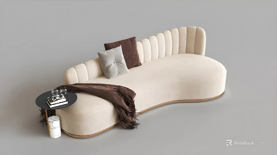 Curved Cream Multi Seat Sofa With Decorative Pillows And Side Table 3d model 