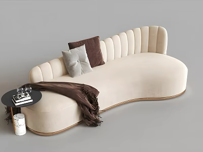 Curved Cream Multi Seat Sofa With Decorative Pillows And Side Table 3d model