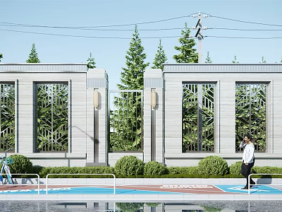 Modern Stone Building Exterior Wall With Decorative Windows And Green Plant Surroundings 3d model