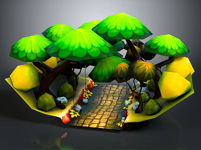 Cartoon Style Forest Scene With Green Trees Yellow Fruits Brick Path Stones And Flowers 3d model