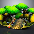 Cartoon Style Forest Scene With Green Trees Yellow Fruits Brick Path Stones And Flowers