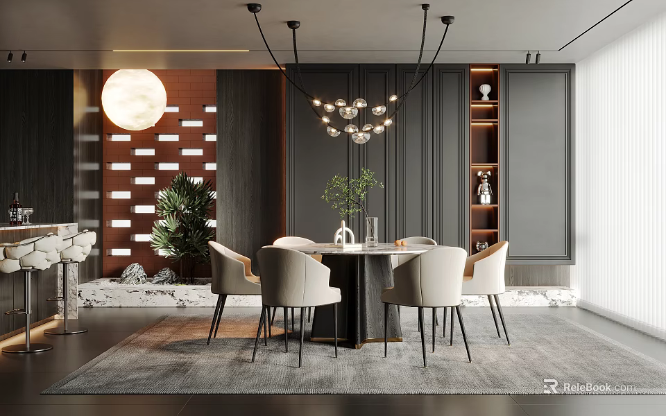 Elegant Modern Restaurant Interior With Round Dining Table Beige Chairs Chandelier And Decorative Wall 3d model 