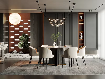 Elegant Modern Restaurant Interior With Round Dining Table Beige Chairs Chandelier And Decorative Wall 3d model