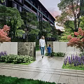 Night Garden Landscape With Paved Pathway Green Plants Red Maple Tree Trimmed Hedges And Lighting