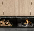 Modern Fireplace Design With Stacked Firewood Burning Flames And Wooden Panels