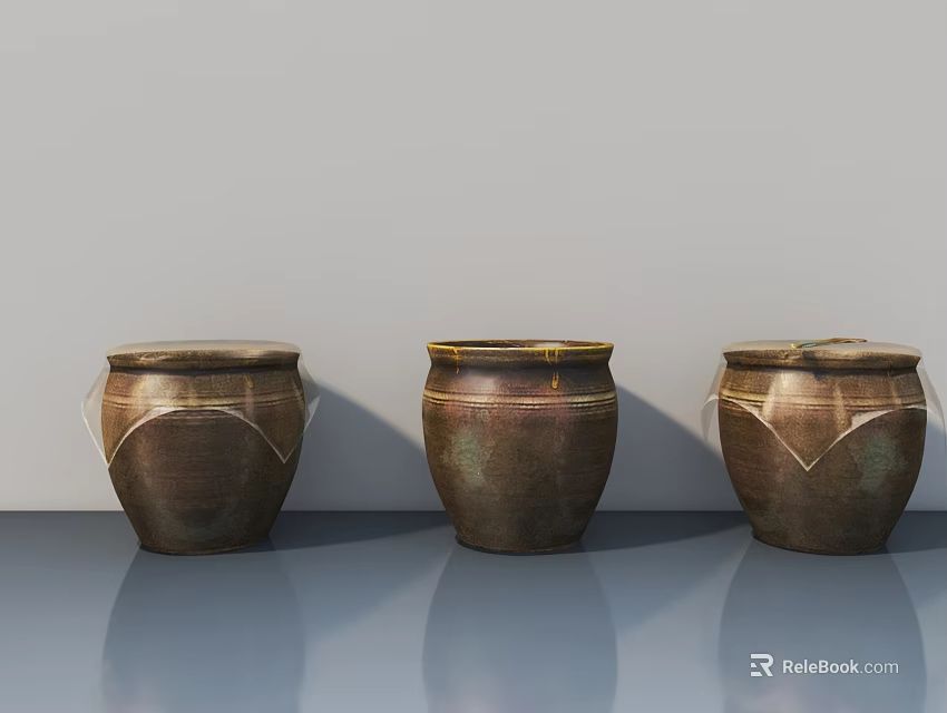 Three Brown Textured Ceramic Jars With Decorative Patterns And Glossy Surface On Gray Background 3d model