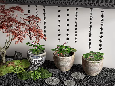 Japanese Aquarium Design With Ceramic Pots Water Lilies Red Maple Moss And Hanging Ornaments 3d model