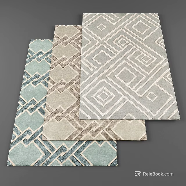 Square Rugs With Geometric Patterns In Soft Blue Beige And Gray Tones 3d model