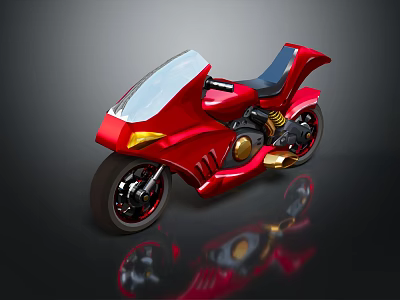 Red Futuristic Motorcycle With Shiny Body Windshield And Gold Accents 3d model