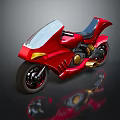 Red Futuristic Motorcycle With Shiny Body Windshield And Gold Accents