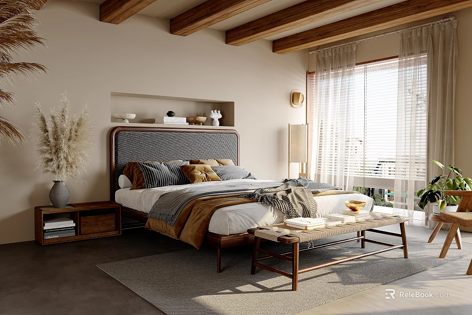 Cozy Bedroom With Wooden Beam Ceiling Large Windows Throw Pillows And Natural Light 3d model 