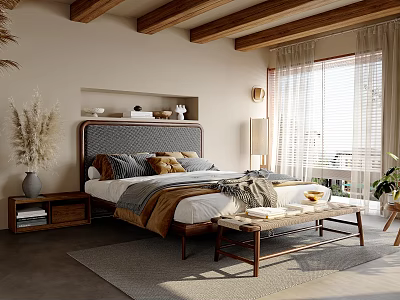 Cozy Bedroom With Wooden Beam Ceiling Large Windows Throw Pillows And Natural Light 3d model