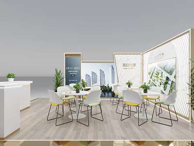 Modern Exhibition Booth Interior With Tables Chairs Display Walls And Green Plants 3d model