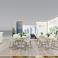 Modern Exhibition Booth Interior With Tables Chairs Display Walls And Green Plants