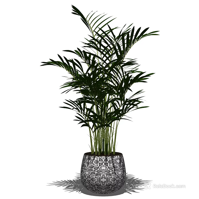 Elegant Indoor Potted Plant With Lush Green Fronds In Intricately Patterned Pot 3d model 