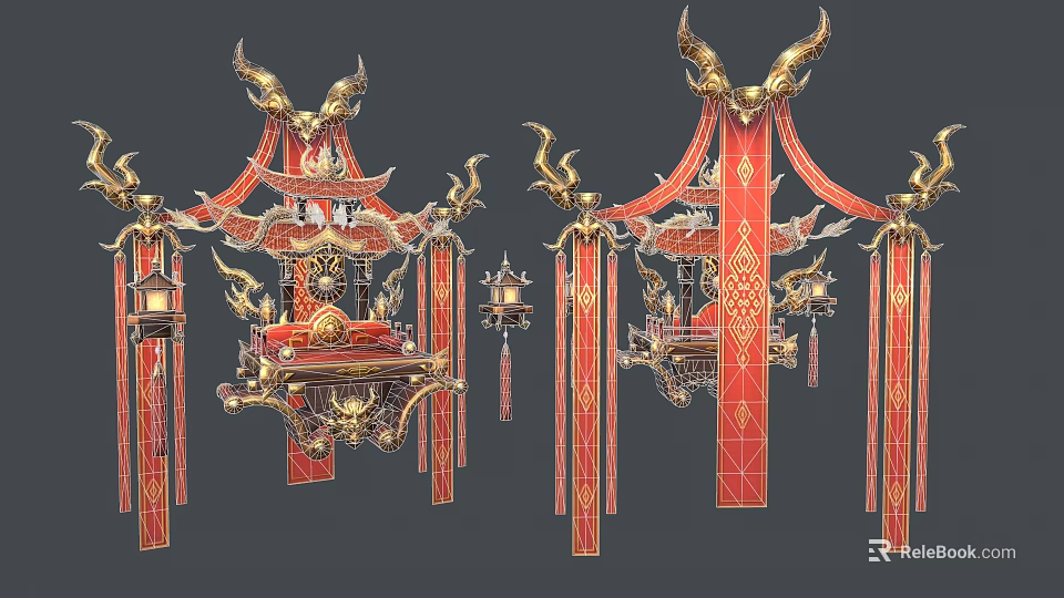 Traditional Chinese Ornate Decoration With Red Gold Dragon Motifs And Tassels 3d model 