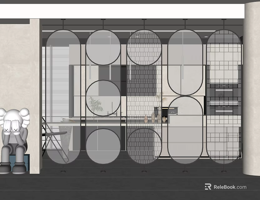 Modern Room Divider With Circular Cutouts And Grid Patterns In Contemporary Interior 3d model