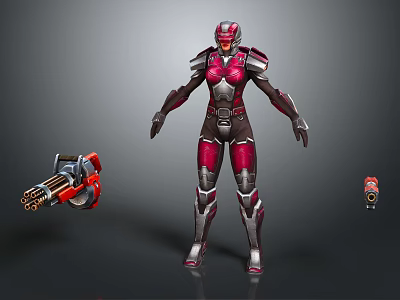 Sci Fi Female Warrior Character In Red Silver Armor With Red Black Futuristic Gun 3d model