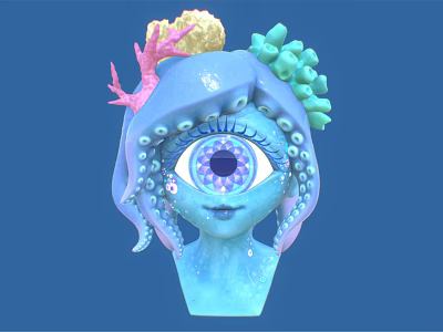Blue Ocean Creature Character With Spiral Eye Coral And Sponge Head Decorations 3d model