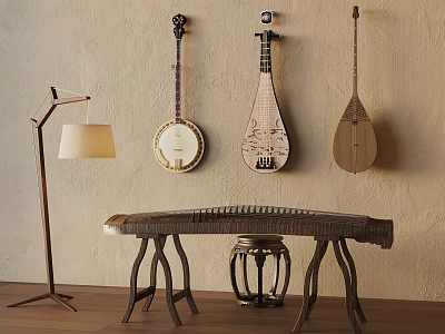 Traditional String Instruments Hanging On Wall With Wooden Table Stool And Floor Lamp 3d model