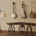 Traditional String Instruments Hanging On Wall With Wooden Table Stool And Floor Lamp