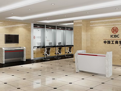 ICBC Bank Lobby Interior With Reception Desk Service Counters Chairs And Marble Floor 3d model