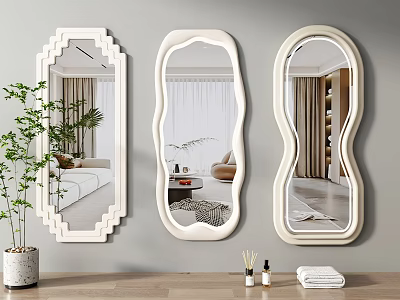 Decorative Wall Mounted Mirrors In Different Shapes Reflecting Room Interior With Furniture 3d model
