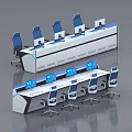 Modern Office Desk Design With Computer Monitor Blue Accent Lines And Ergonomic Chair