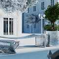 Modern Metallic Outdoor Chair With Curved Design In Garden Landscape And Trees