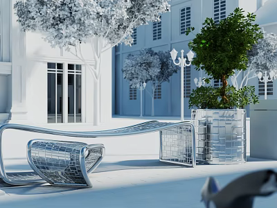 Modern Metallic Outdoor Chair With Curved Design In Garden Landscape And Trees 3d model