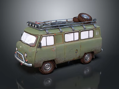 Vintage Green Van With Roof Rack And Spare Tire On Weathered Exterior Design 3d model
