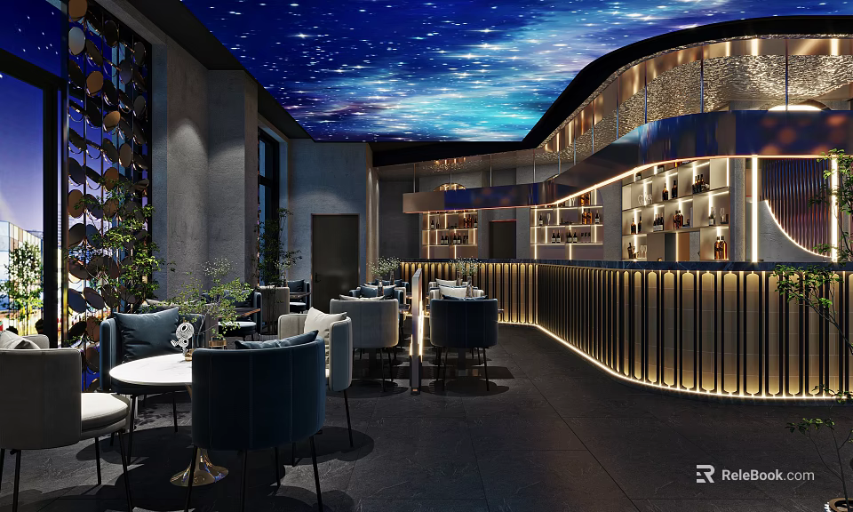 Modern Restaurant Interior With Starry Sky Ceiling Curved Bar Counter Wine Racks And Blue Chairs 3d model 