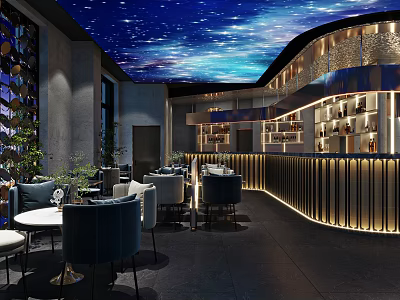 Modern Restaurant Interior With Starry Sky Ceiling Curved Bar Counter Wine Racks And Blue Chairs 3d model