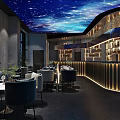 Modern Restaurant Interior With Starry Sky Ceiling Curved Bar Counter Wine Racks And Blue Chairs