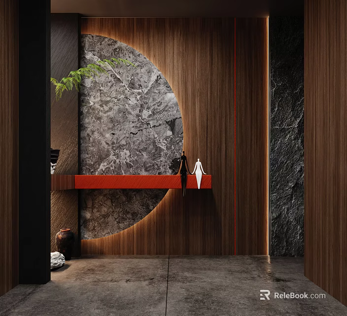 Modern Background Wall Design With Marble Texture Wooden Elements Red Shelf And Green Plant 3d model 