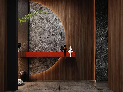 Modern Background Wall Design With Marble Texture Wooden Elements Red Shelf And Green Plant 3d model